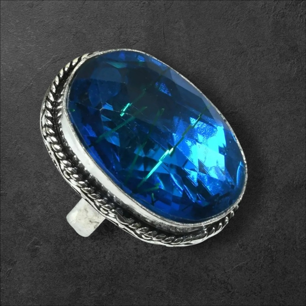 Artisan Blue TOPAZ RING Oval Cabochon in Silver-Tone Setting 234